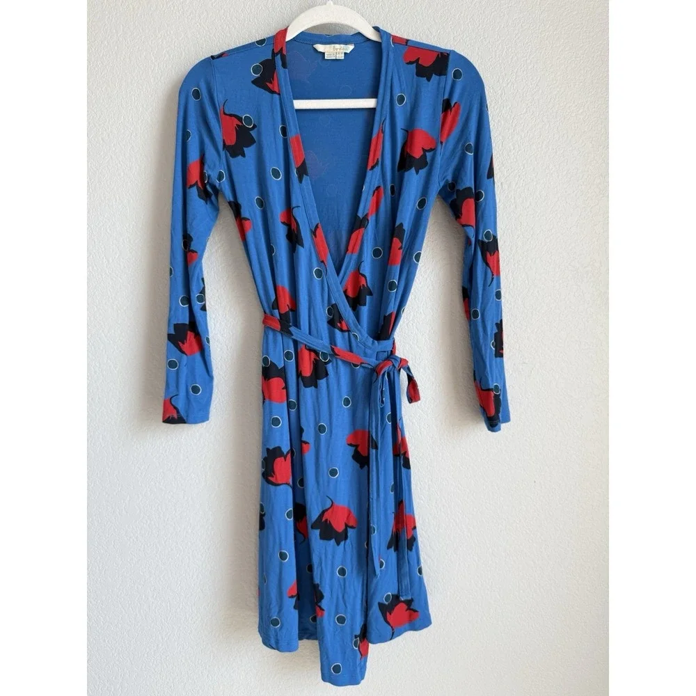 Boden Retro‎ Blue Red Poppy Bloom Floral Jersey Knit Wrap Dress Size 4P Preppy